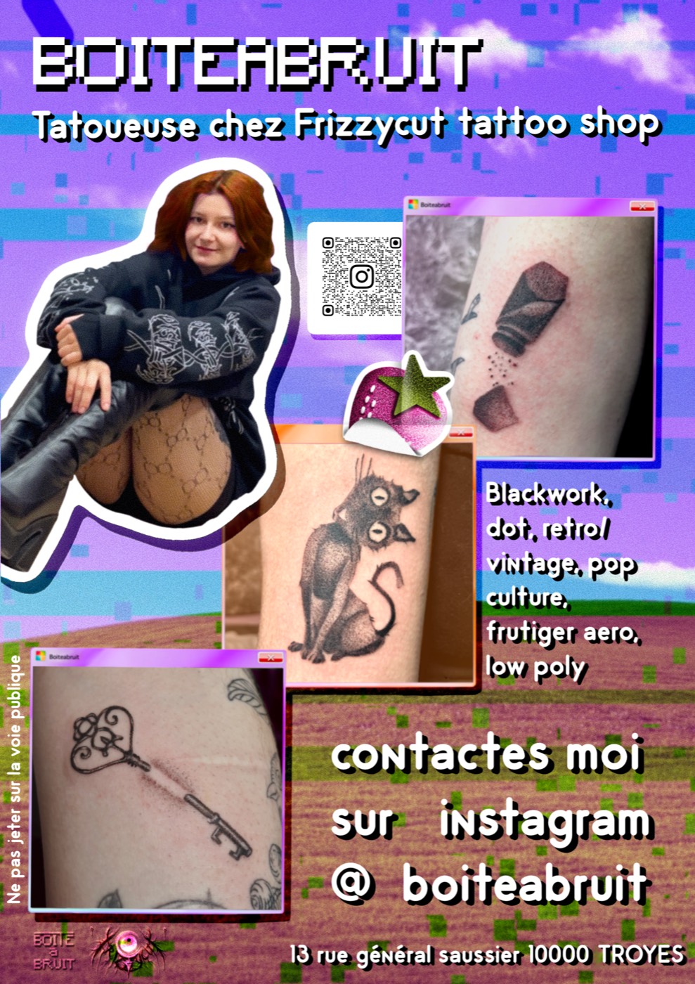 Flyer promotionnel de Boîte à Bruit avec QR code et adresse